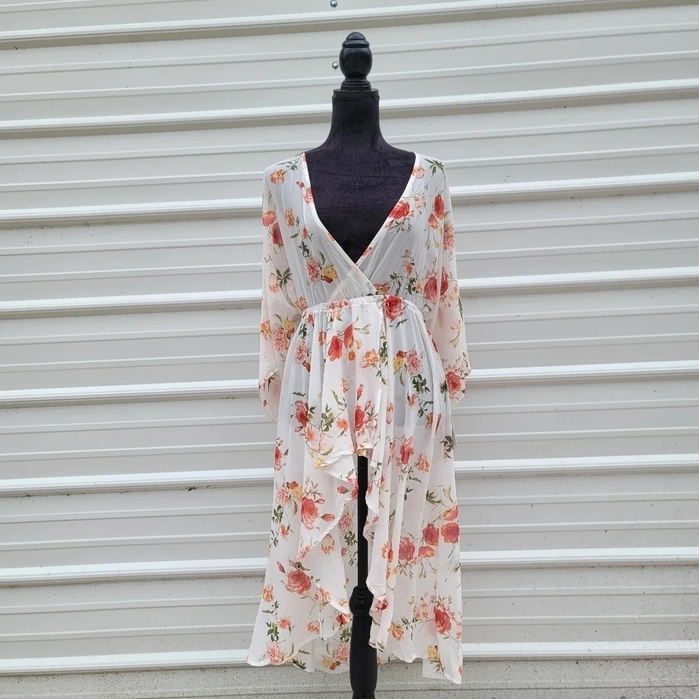 NWT L.I.F.E Women's Floral Kimono Swim Cover Dress Hi Low White Orange Sheer S